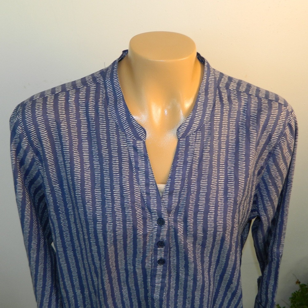 Hester & Orchard Tunic Top Women Large Blue White Striped Split Neck Cotton New - Picture 2 of 11
